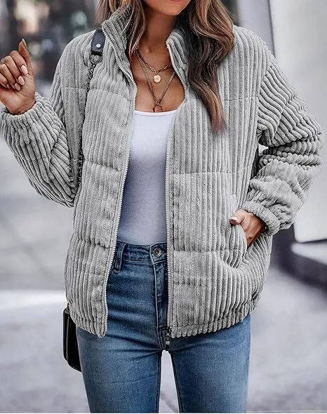 Women's Bomber Jacket Corduroy Ribbed Quilted Zip Up Long Sleeve Winter Coat Fall Outerwear Tops with Pockets ,PACKAGE SET