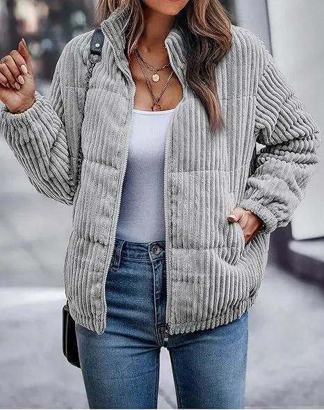 Women's Bomber Jacket Corduroy Ribbed Quilted Zip Up Long Sleeve Winter Coat Fall Outerwear Tops with Pockets ,PACKAGE SET