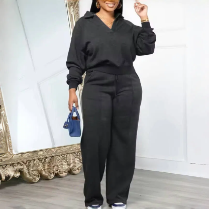 Women's Solid Long Sleeve Sweatshirt & Drawstring Waist Pants Set