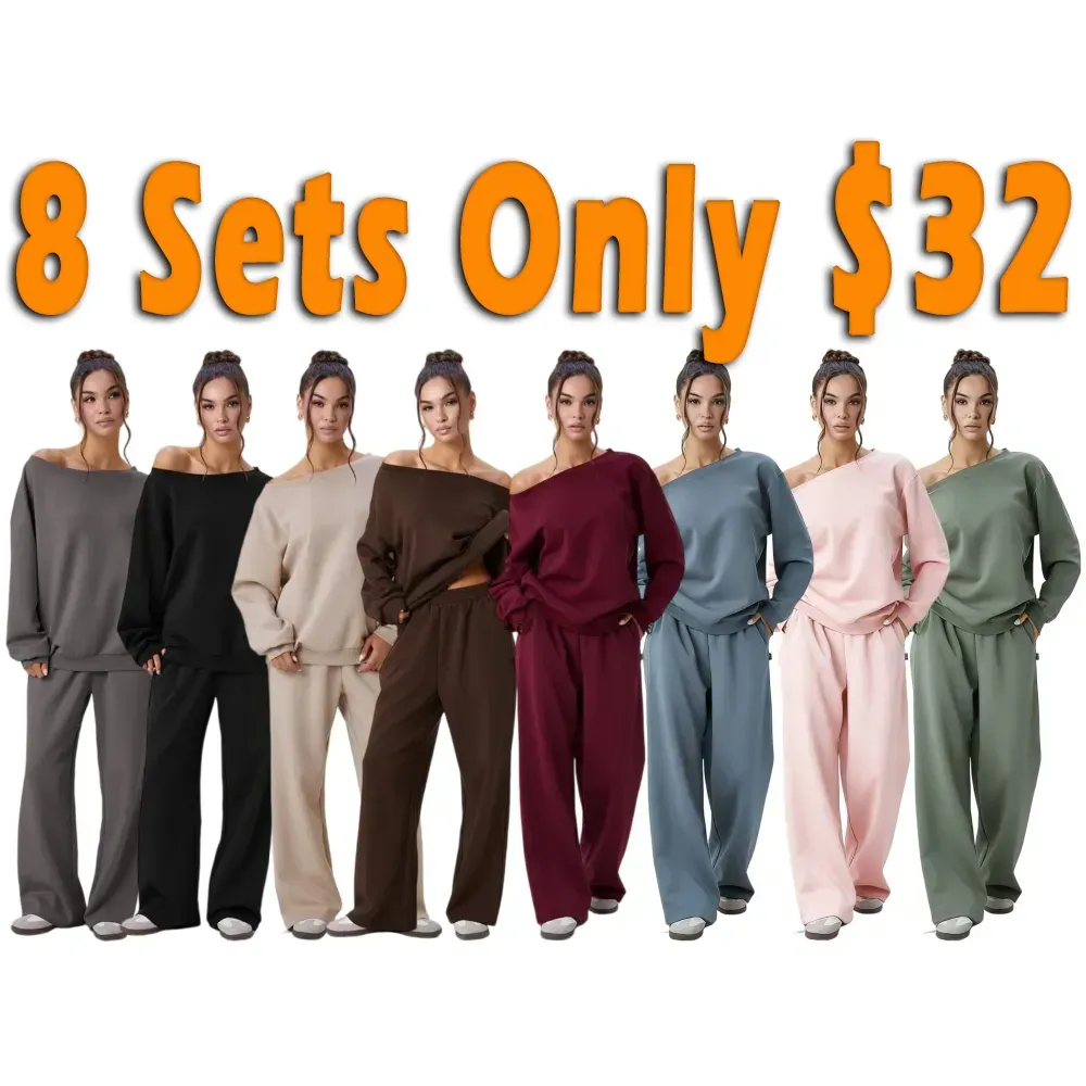 Sloping Shoulder Top & Wide Leg Pants Set