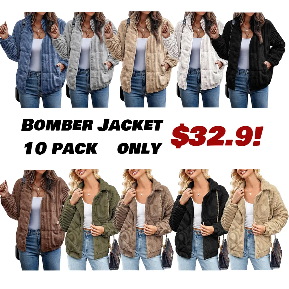Women's Bomber Jacket Corduroy Ribbed Quilted Zip Up Long Sleeve Winter Coat Fall Outerwear Tops with Pockets ,PACKAGE SET