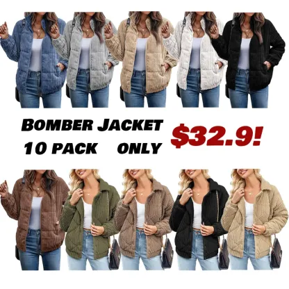 Women's Bomber Jacket Corduroy Ribbed Quilted Zip Up Long Sleeve Winter Coat Fall Outerwear Tops with Pockets ,PACKAGE SET