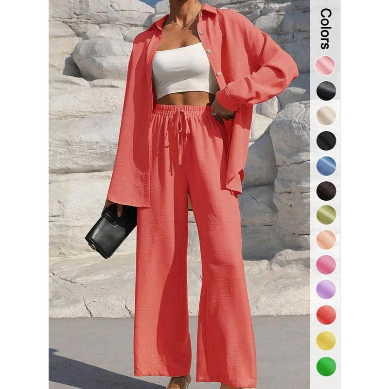 Women's Solid Button Front Shirt & Tie Front Wide Leg Pants Two-piece Set, Casual Loose Drop Shoulder Long Sleeve Top & Trousers for Spring & Fall