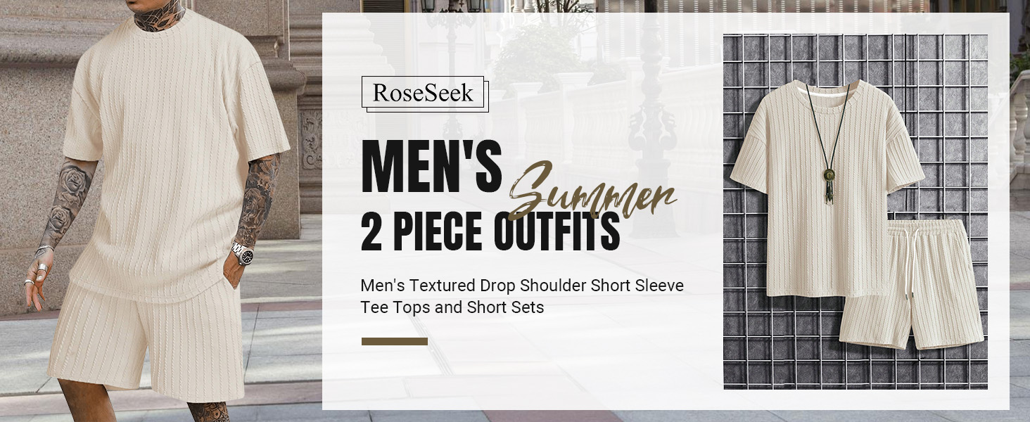 Men's 2 Piece Outfits Textured Drop Shoulder Short Sleeve Tee Tops and Short Sets Summer Outfits