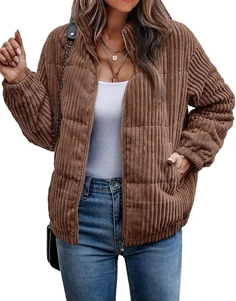 Women's Bomber Jacket Corduroy Ribbed Quilted Zip Up Long Sleeve Winter Coat Fall Outerwear Tops with Pockets ,PACKAGE SET