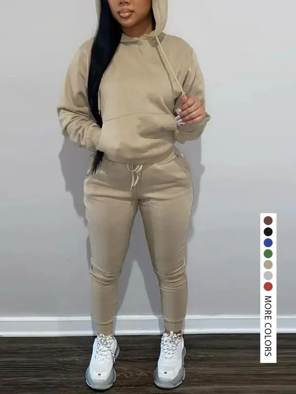 Casual Plain Drawstring Sweatshirt Outfit Set, Fitted Regular Length, Moderate Fabric, Fall & Winter Wear, Women's Clothing