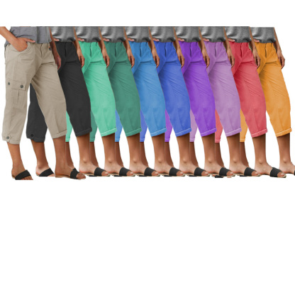 Roll Tab Hem Multi Pocket Capri Mid Waist Cargo Pants