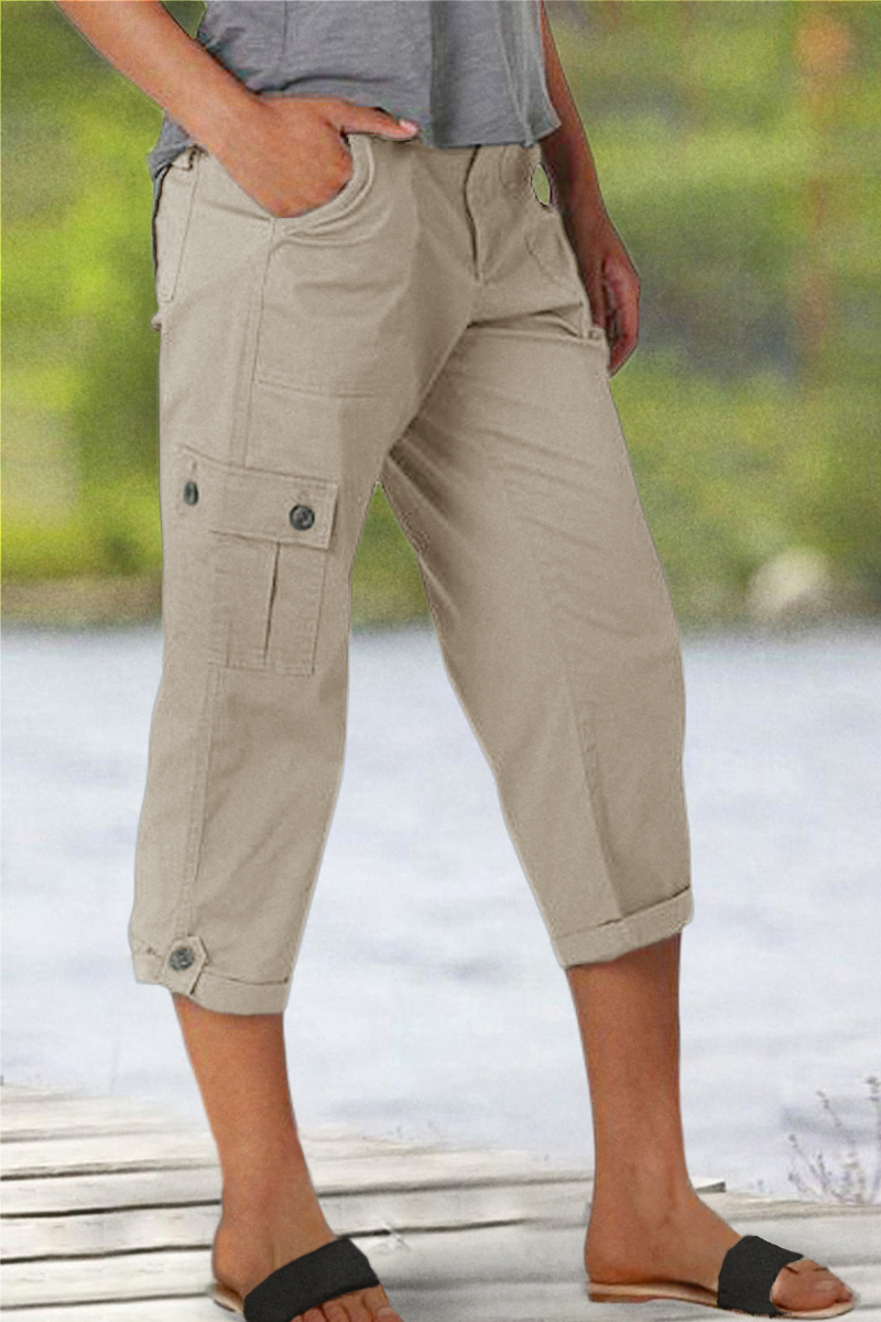 Roll Tab Hem Multi Pocket Capri Mid Waist Cargo Pants