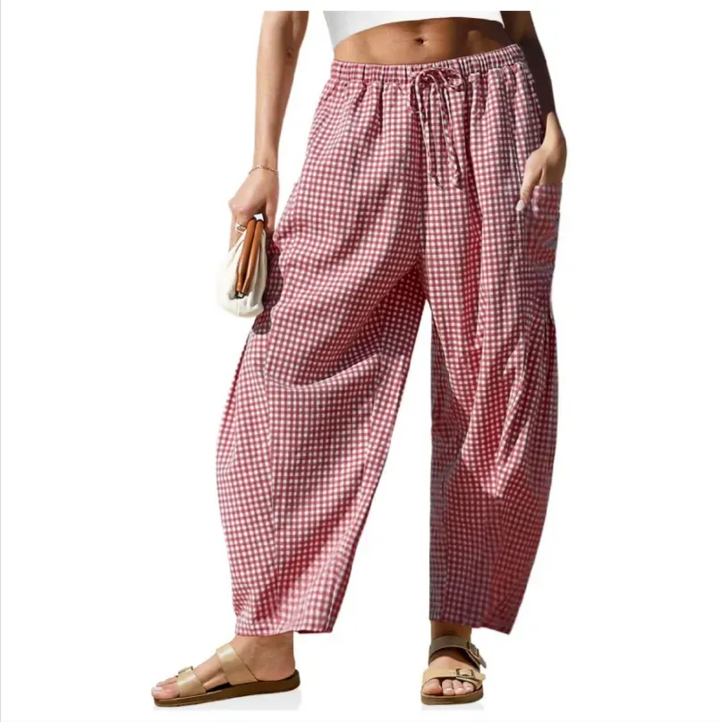Womens Wide Leg Gingham Striped Plaid Pants