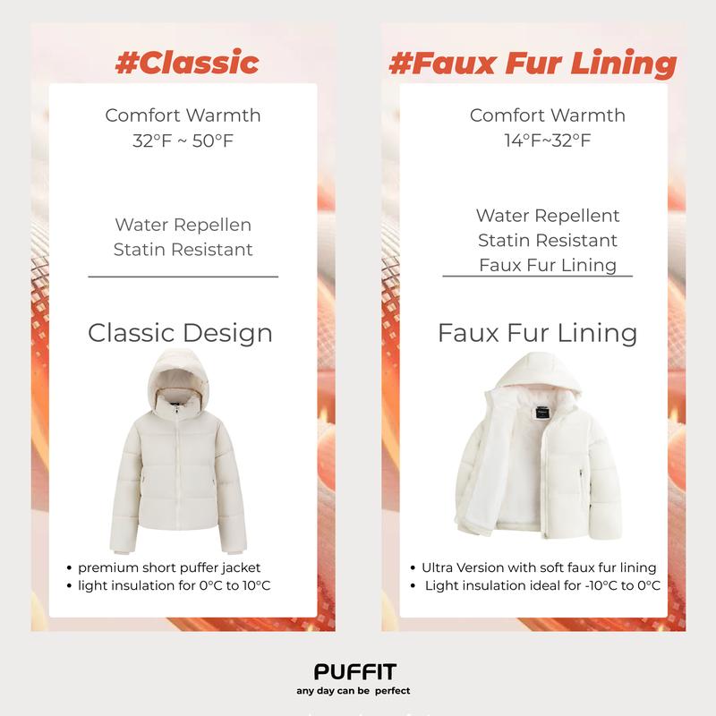 PUFFIT WarmCore Premium Short Puffer Jackets with Removable Hood & Optional Faux Fur Linging, Lady Casual Outerwear Longsleeves Zip Pockets Warm Quilted Coat