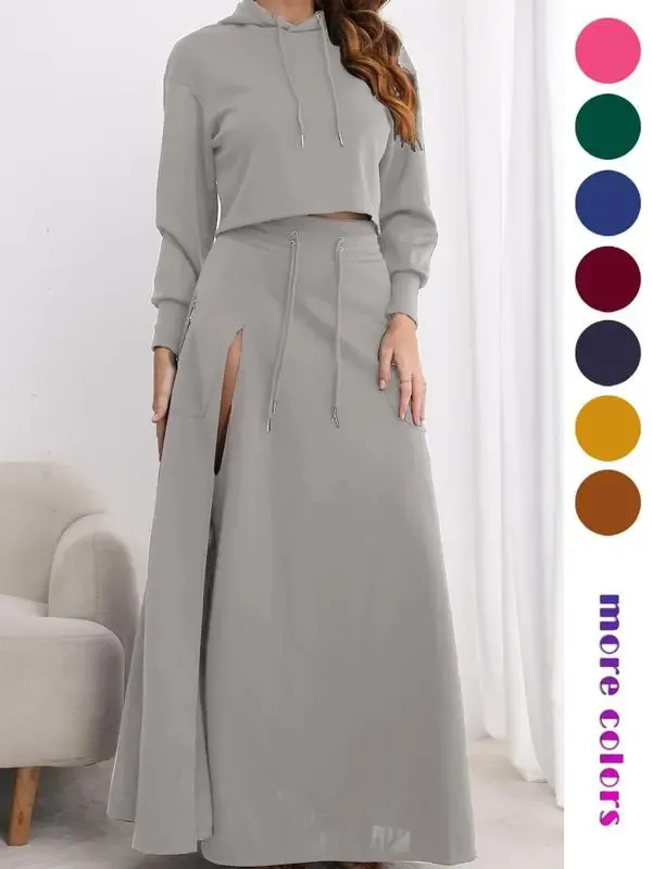 Women's Solid Drawstring Hoodie & Split Thigh Skirt Set, Long Sleeve Top & Pocket Long Skirt, Casual Fashion Cozy Co-ord Set, Women Clothes