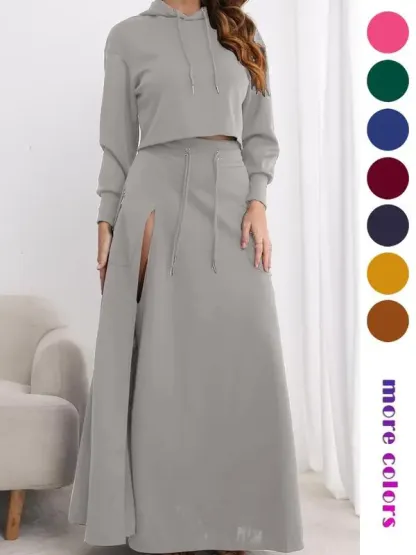 Women's Solid Drawstring Hoodie & Split Thigh Skirt Set, Long Sleeve Top & Pocket Long Skirt, Casual Fashion Cozy Co-ord Set, Women Clothes