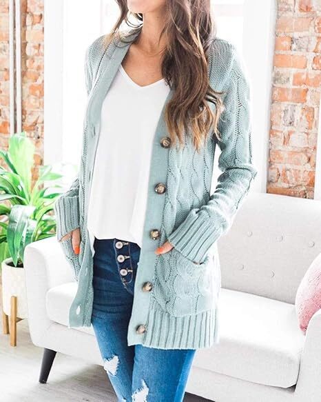 Women's Fall Casual Long Sleeve Button Down Open Front Cable Knit Cardigan