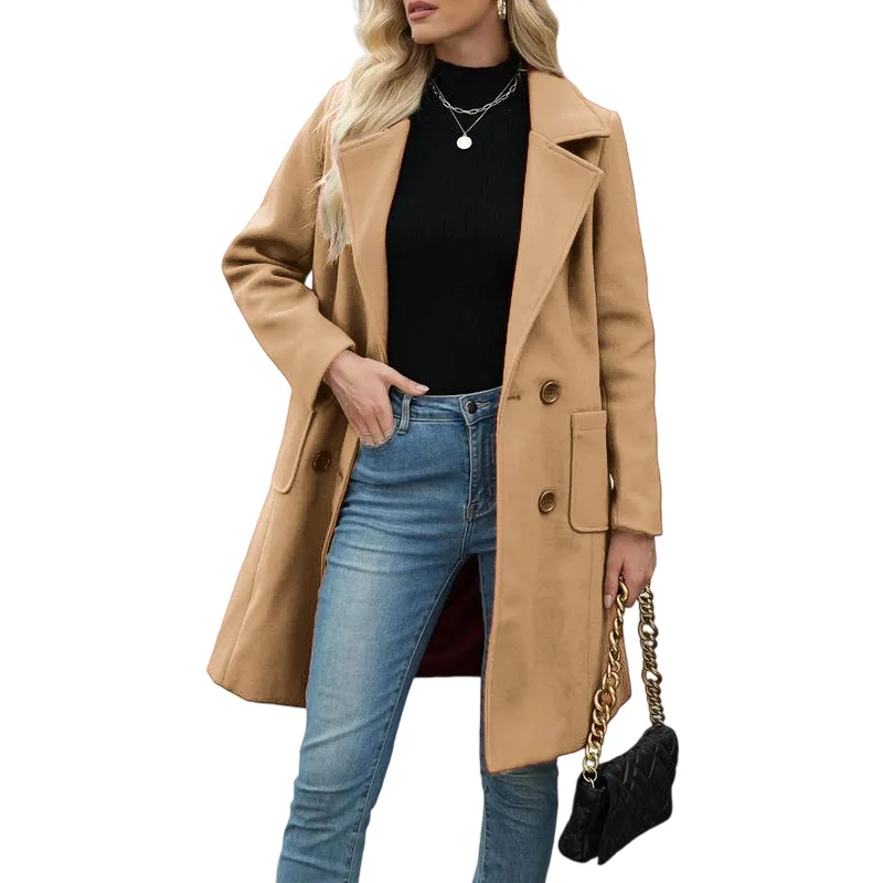 Women's Winter Wool Blend Camel Mid-Long Coat