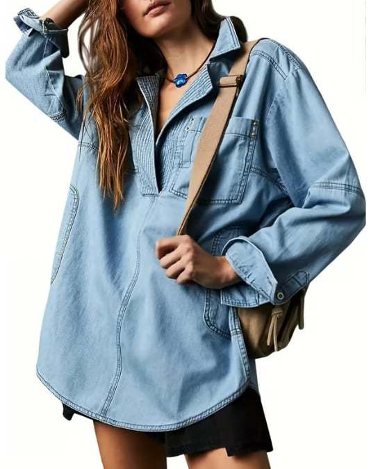 👖 Chic & Comfy Denim Pullover – Button V-Neck + Pockets for Everyday Style! 💙✨