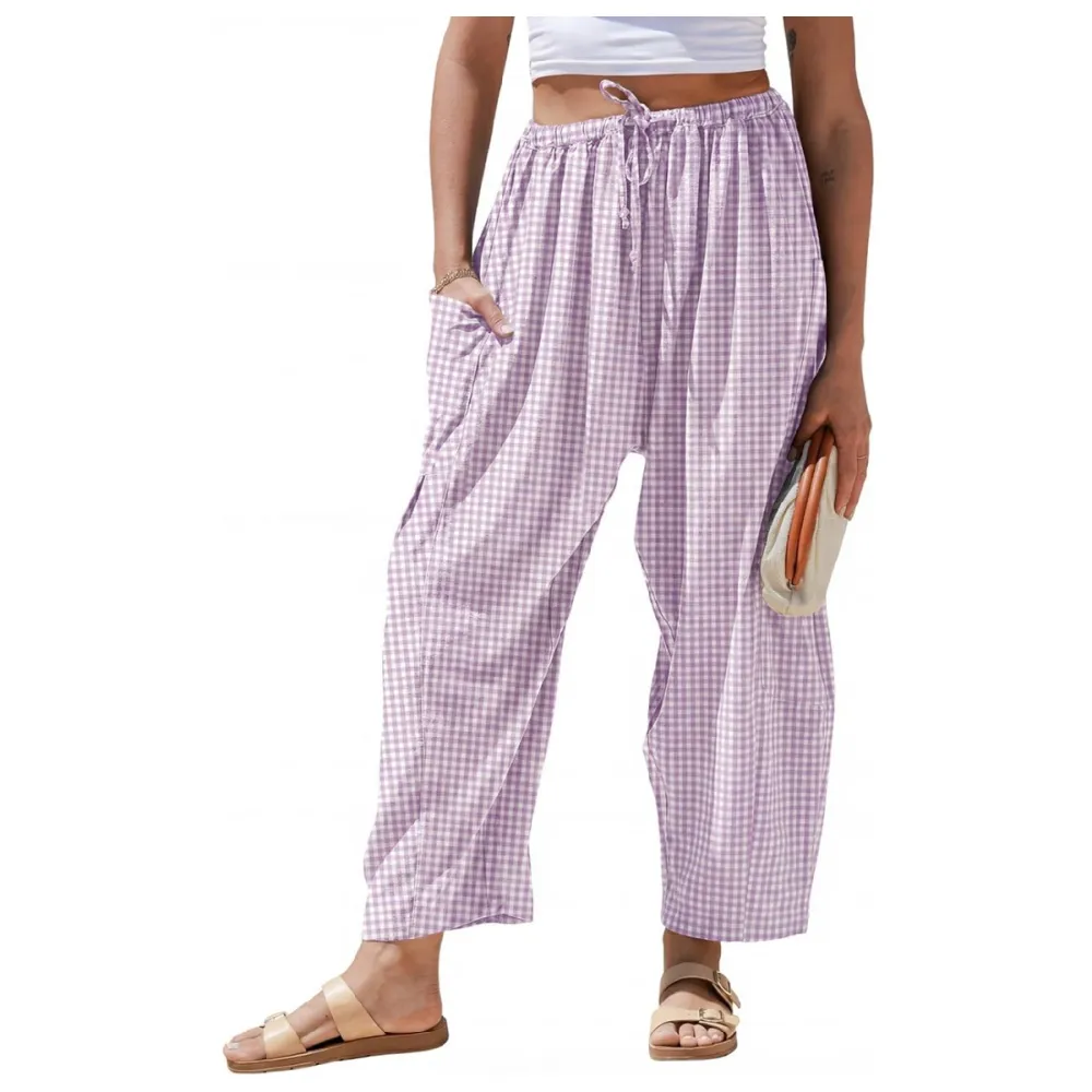 Womens Wide Leg Gingham Striped Plaid Pants