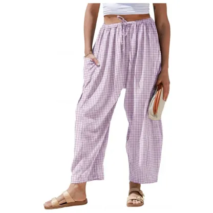 Womens Wide Leg Gingham Striped Plaid Pants