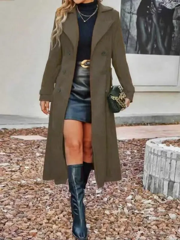 Women'S Solid Double Button Lapel Woolen Coat, Elegant Long Sleeve Long Coat For Women, Women'S Clothing For Autumn & Winter