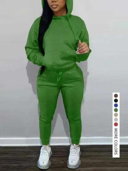 Casual Plain Drawstring Sweatshirt Outfit Set, Fitted Regular Length, Moderate Fabric, Fall & Winter Wear, Women's Clothing