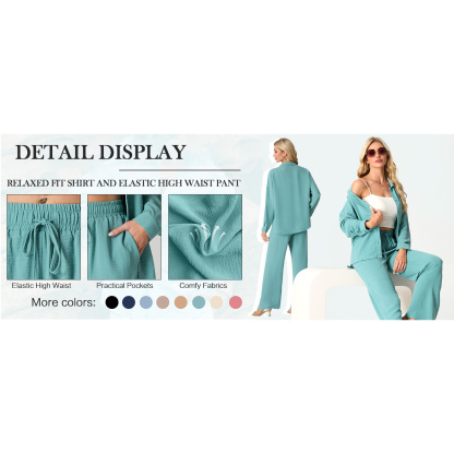 Women's Solid Button Front Shirt & Tie Front Wide Leg Pants Two-piece Set, Casual Loose Drop Shoulder Long Sleeve Top & Trousers for Spring & Fall