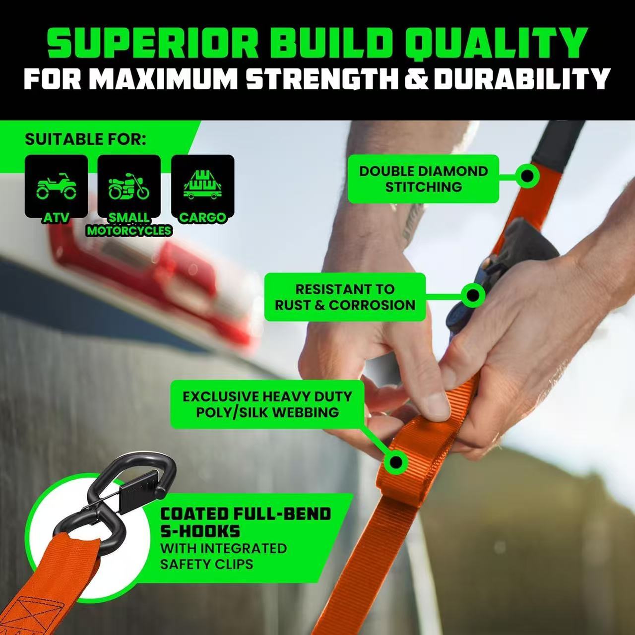 Retractable Ratchet Strap – Auto Self-Retracting Tie-Down for Truck, Trailer, Motorcycle & ATV