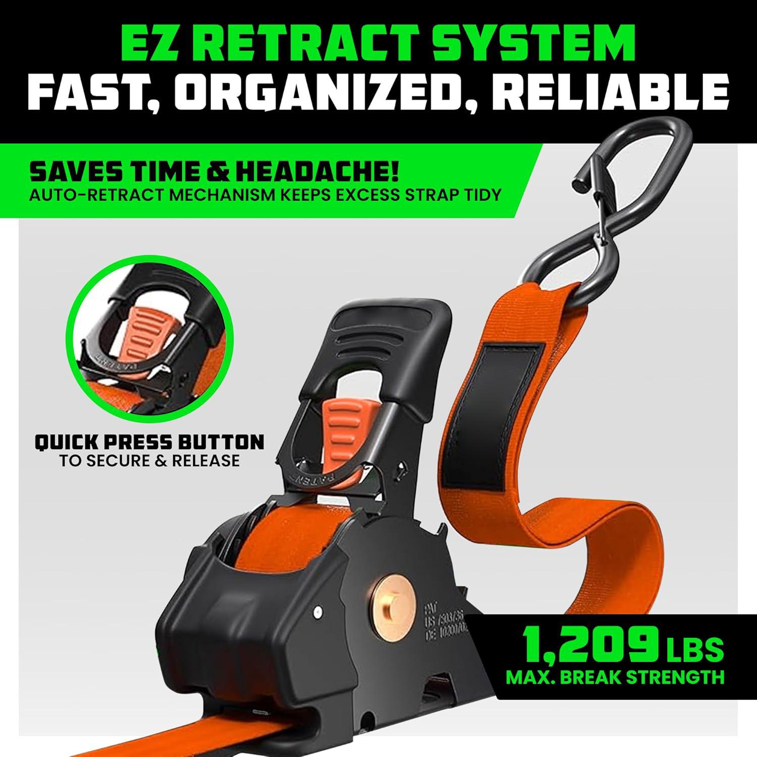 Retractable Ratchet Strap – Auto Self-Retracting Tie-Down for Truck, Trailer, Motorcycle & ATV