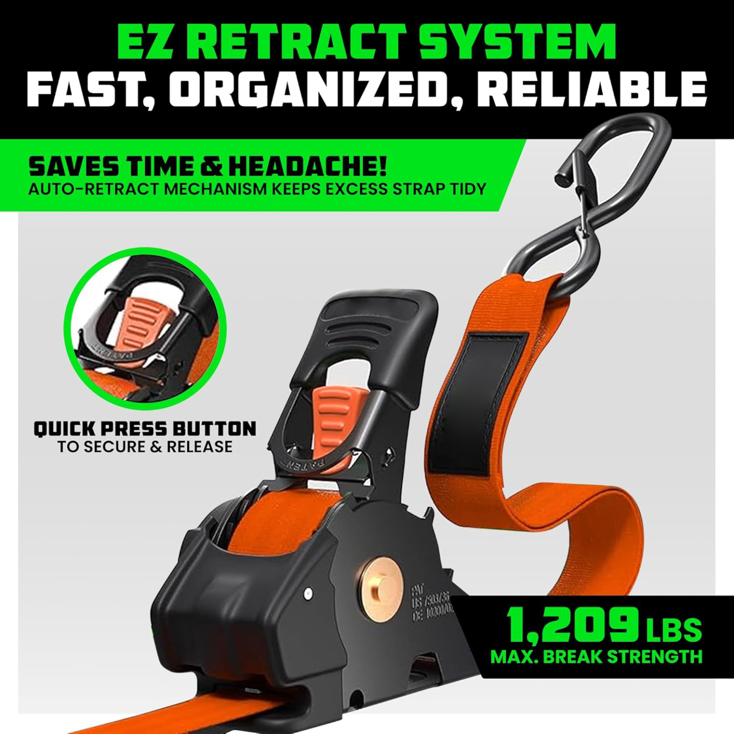 Retractable Ratchet Strap – Auto Self-Retracting Tie-Down for Truck, Trailer, Motorcycle & ATV