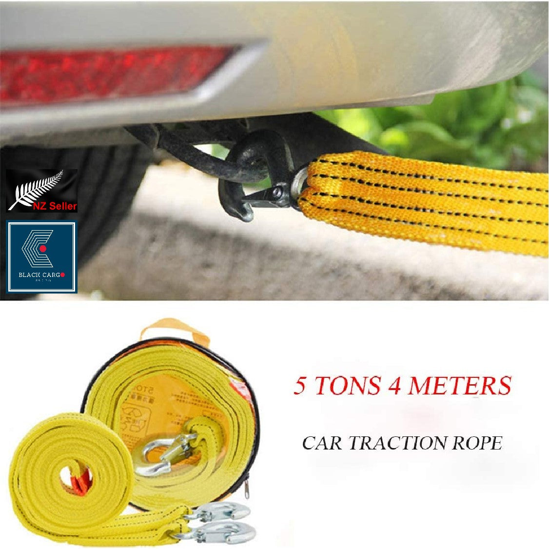 Heavy-Duty Vehicle Tow Strap Tow Rope with Hooks Recovery Rope 5Tons 4Meters