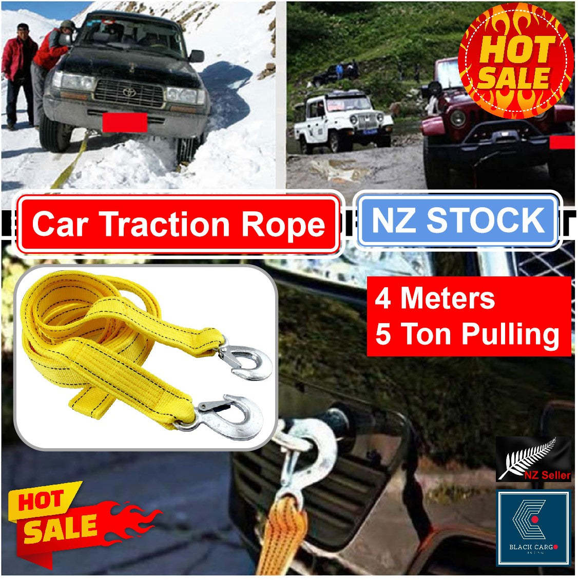 Heavy-Duty Vehicle Tow Strap Tow Rope with Hooks Recovery Rope 5Tons 4Meters