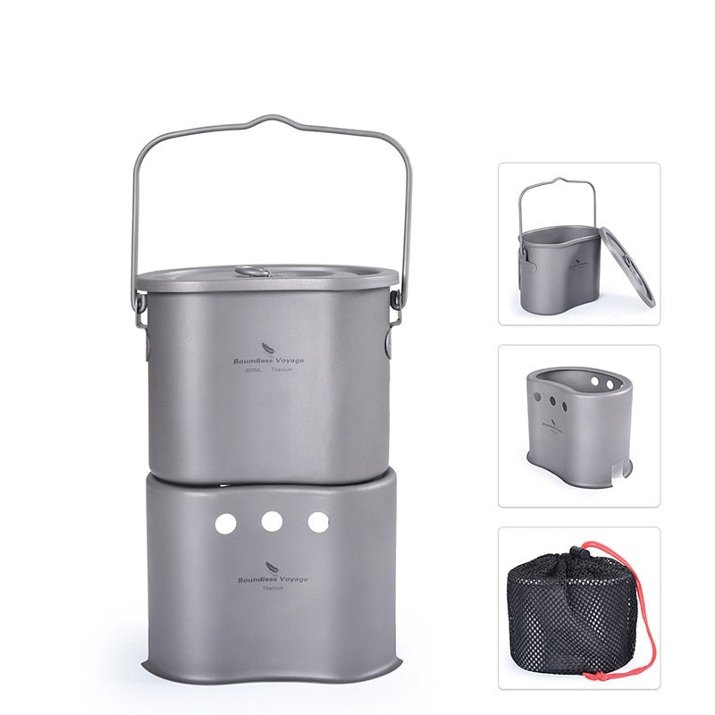 Outdoor Titanium Wood Burning Stove with Camping Pot - Ultra light!