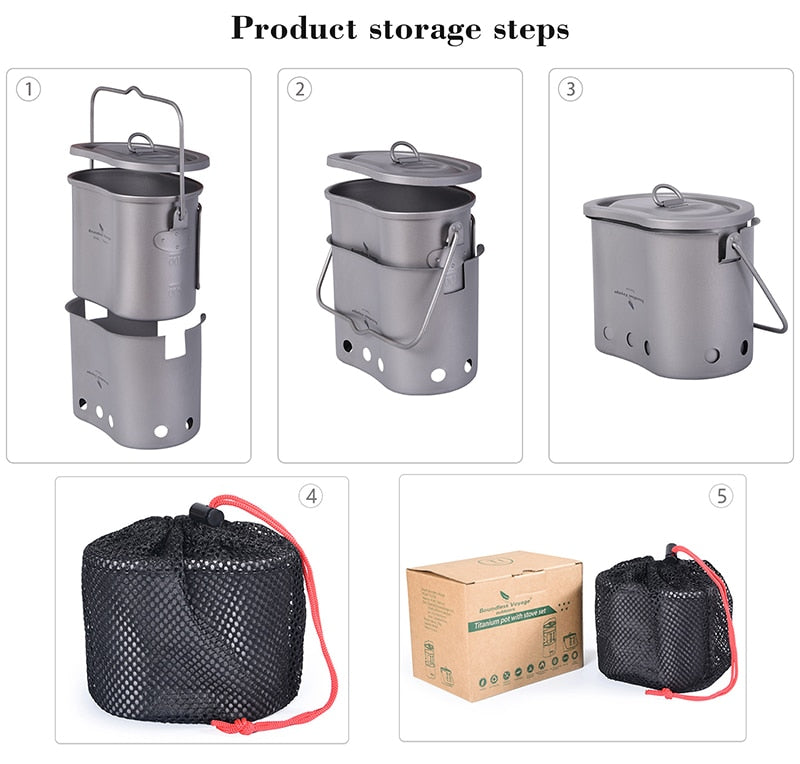 Outdoor Titanium Wood Burning Stove with Camping Pot - Ultra light!