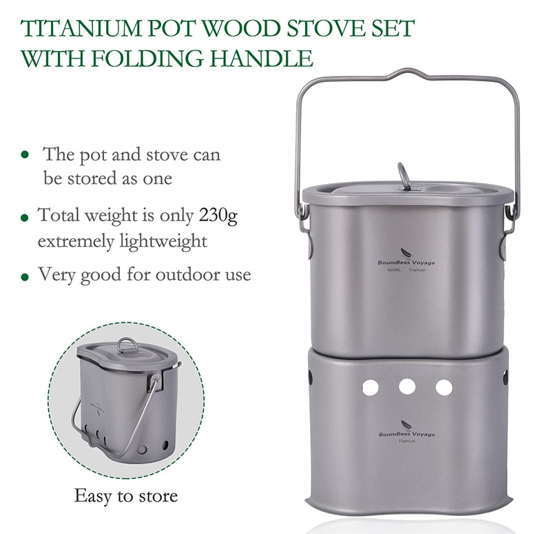 Outdoor Titanium Wood Burning Stove with Camping Pot - Ultra light!