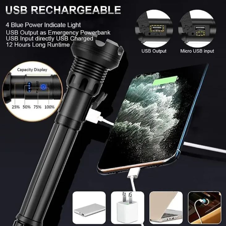 LED Rechargeable Tactical Laser Flashlight 90000 High Lumens