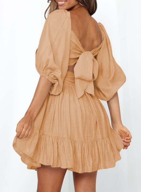 Women Summer Dresses Tie Back Lantern Sleeve Ruffle A-Line Casual Dress