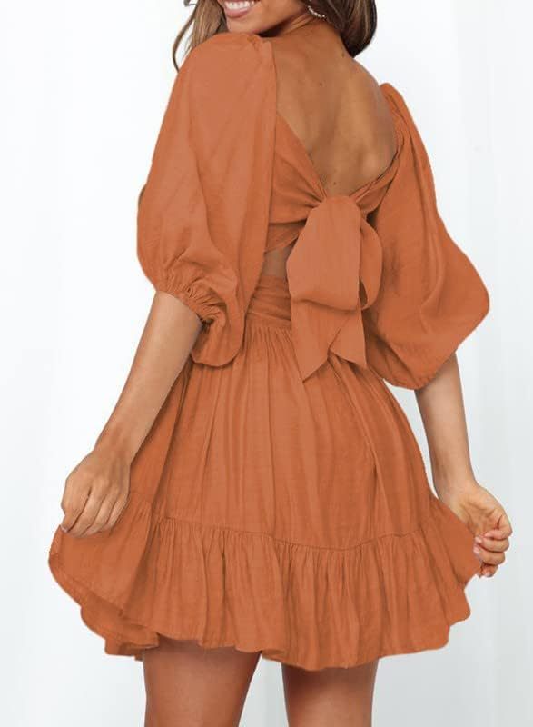 Women Summer Dresses Tie Back Lantern Sleeve Ruffle A-Line Casual Dress