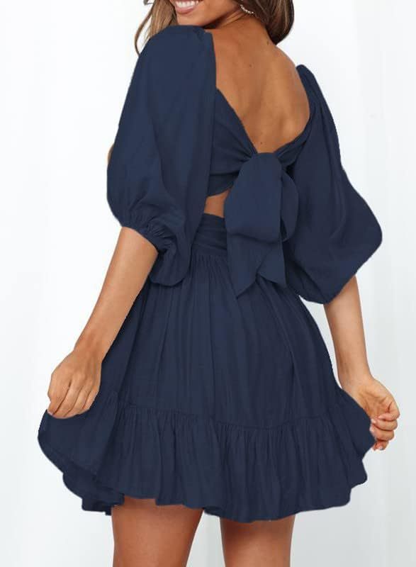 Women Summer Dresses Tie Back Lantern Sleeve Ruffle A-Line Casual Dress