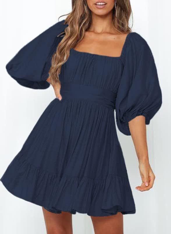 Women Summer Dresses Tie Back Lantern Sleeve Ruffle A-Line Casual Dress