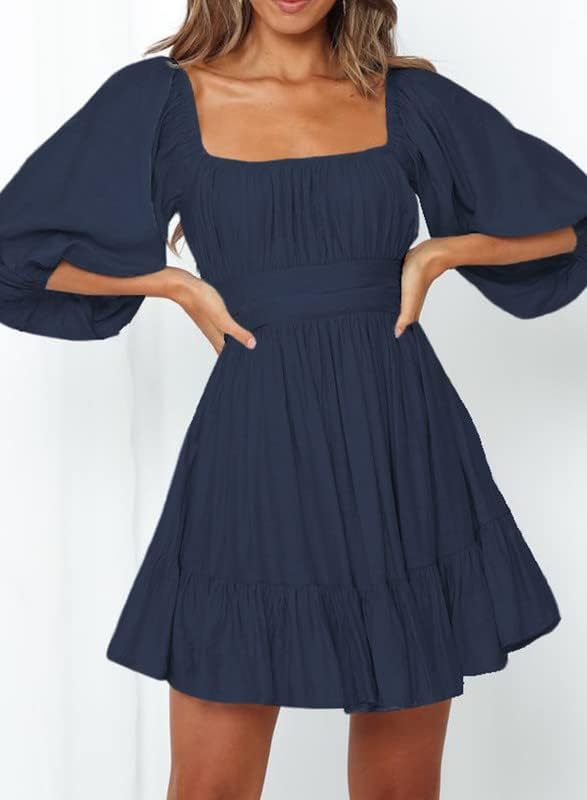 Women Summer Dresses Tie Back Lantern Sleeve Ruffle A-Line Casual Dress