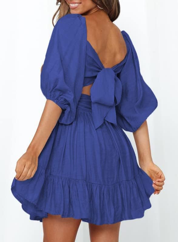 Women Summer Dresses Tie Back Lantern Sleeve Ruffle A-Line Casual Dress