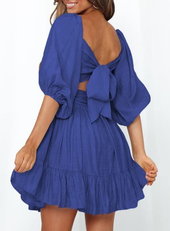Women Summer Dresses Tie Back Lantern Sleeve Ruffle A-Line Casual Dress