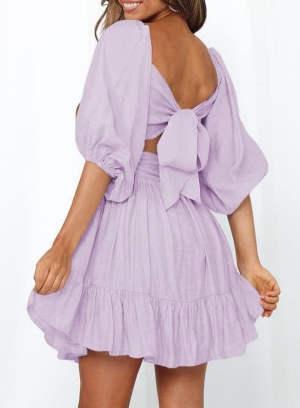 Women Summer Dresses Tie Back Lantern Sleeve Ruffle A-Line Casual Dress