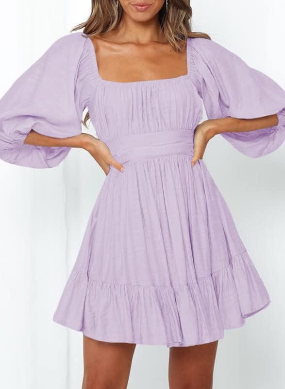 Women Summer Dresses Tie Back Lantern Sleeve Ruffle A-Line Casual Dress