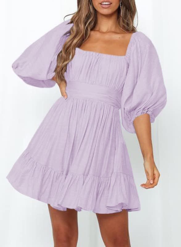 Women Summer Dresses Tie Back Lantern Sleeve Ruffle A-Line Casual Dress