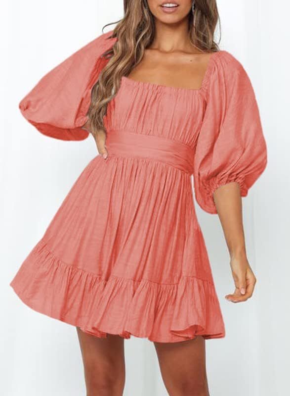 Women Summer Dresses Tie Back Lantern Sleeve Ruffle A-Line Casual Dress