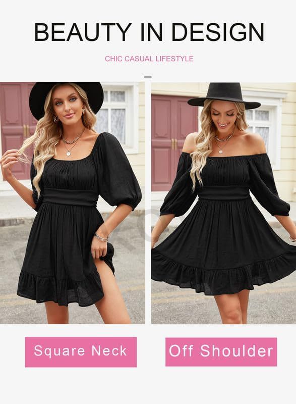 Women Summer Dresses Tie Back Lantern Sleeve Ruffle A-Line Casual Dress