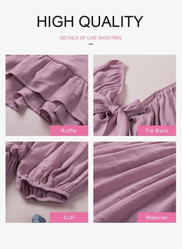 Women Summer Dresses Tie Back Lantern Sleeve Ruffle A-Line Casual Dress