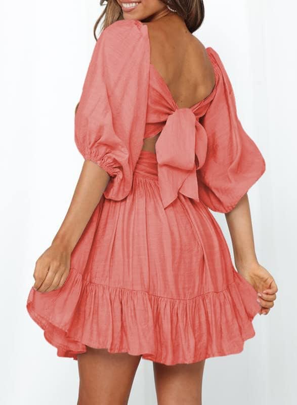 Women Summer Dresses Tie Back Lantern Sleeve Ruffle A-Line Casual Dress