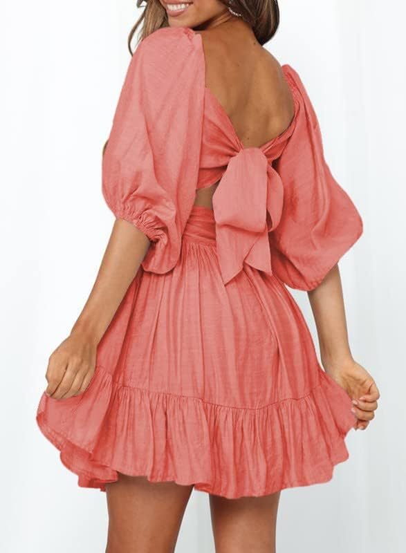 Women Summer Dresses Tie Back Lantern Sleeve Ruffle A-Line Casual Dress