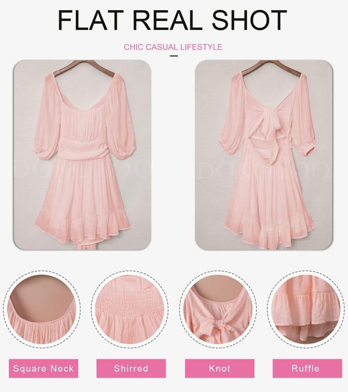 Women Summer Dresses Tie Back Lantern Sleeve Ruffle A-Line Casual Dress