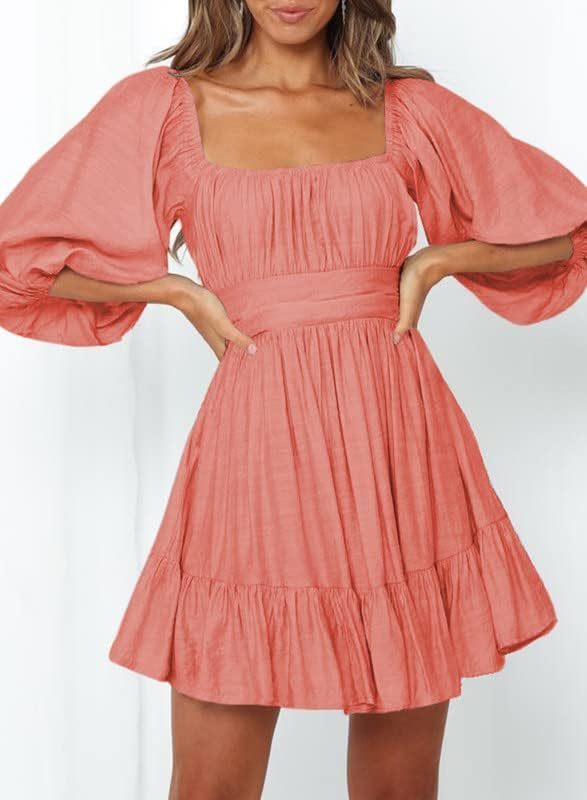 Women Summer Dresses Tie Back Lantern Sleeve Ruffle A-Line Casual Dress